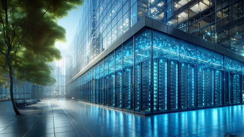 Image of a webhotell with loads of servers from an outside view.